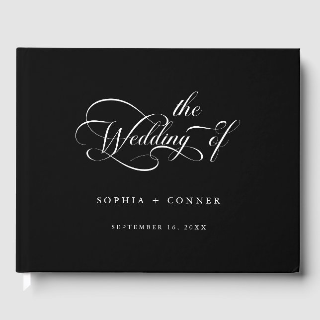 Romantic Classy Calligraphy Wedding Black Guest Book (Front)