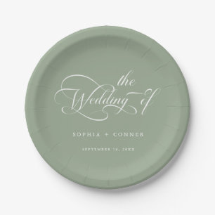 Romantic Classy Calligraphy Wedding Sage Green Paper Plate
