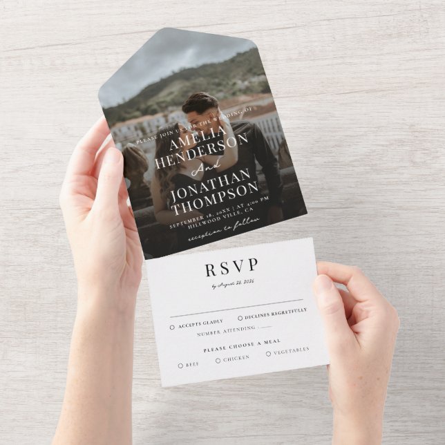 Romantic Classy Photo Script Wedding RSVP All In One Invitation (Tearaway)