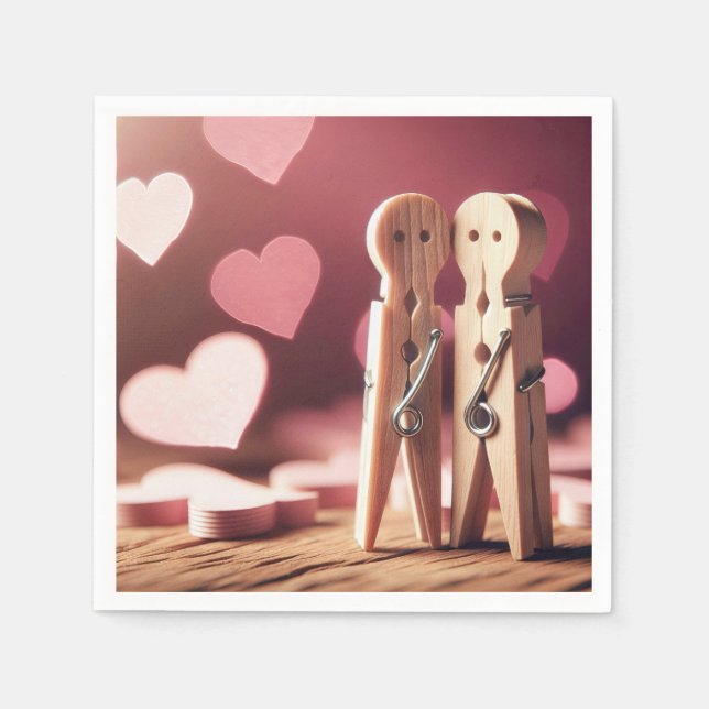 Romantic Clothespin Couple With Hearts Napkin (Front)