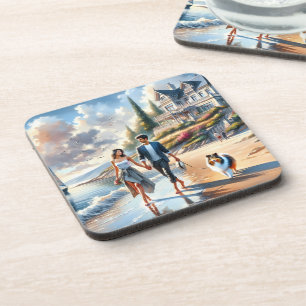 Romantic Coastal Cottage Sunset Stroll Coaster