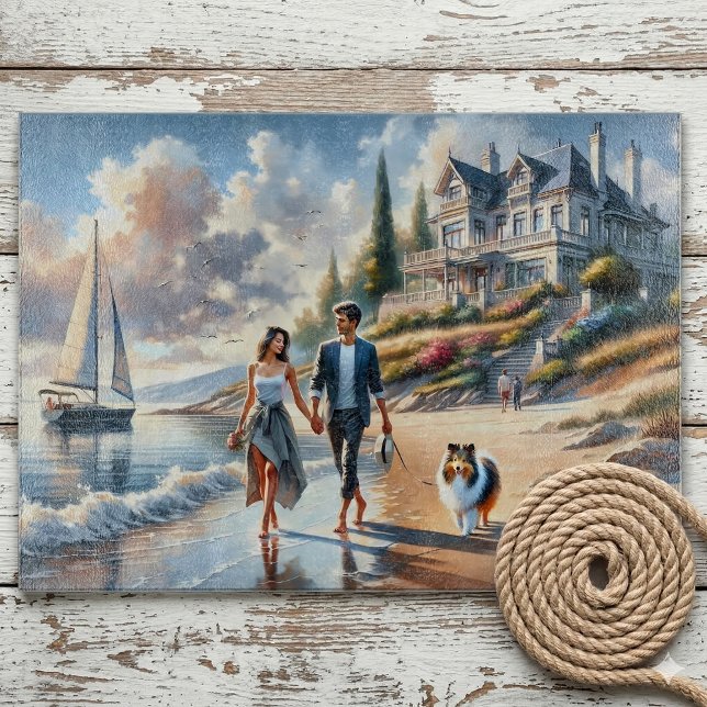 Romantic Coastal Cottage Sunset Stroll Cutting Board (Romantic Coastal Cottage Sunset Stroll Cutting Board On Chipped Paint Porch)