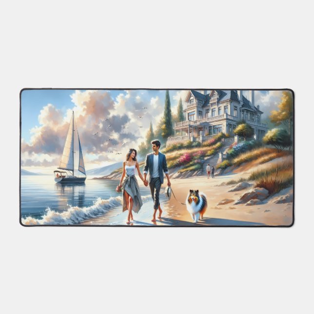 Romantic Coastal Cottage Sunset Stroll Desk Mat (Front)