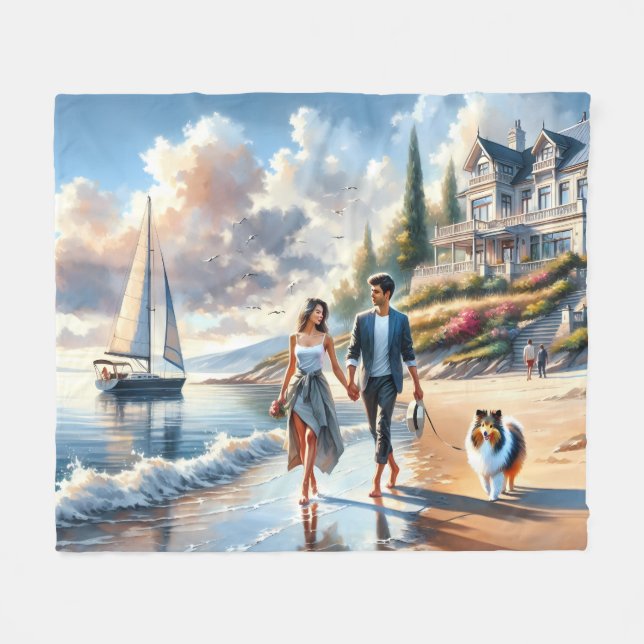 Romantic Coastal Cottage Sunset Stroll Fleece Blanket (Front (Horizontal))