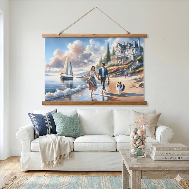 Romantic Coastal Cottage Sunset Stroll Hanging Tapestry (Romantic Coastal Cottage Sunset Stroll Hanging Tapestry In Living Room)