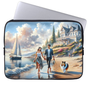 Romantic Coastal Cottage Sunset Stroll Laptop Sleeve