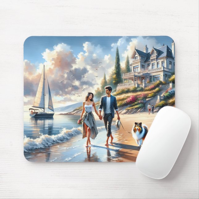 Romantic Coastal Cottage Sunset Stroll Mouse Mat (With Mouse)