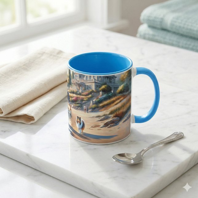Romantic Coastal Cottage Sunset Stroll Mug (Romantic Coastal Cottage Sunset Stroll Mug Mockup A)