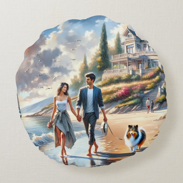 Romantic Coastal Cottage Sunset Stroll Round Cushion (Back)
