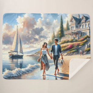 Romantic Coastal Cottage Sunset Stroll Sherpa Blanket