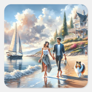 Romantic Coastal Cottage Sunset Stroll Square Sticker