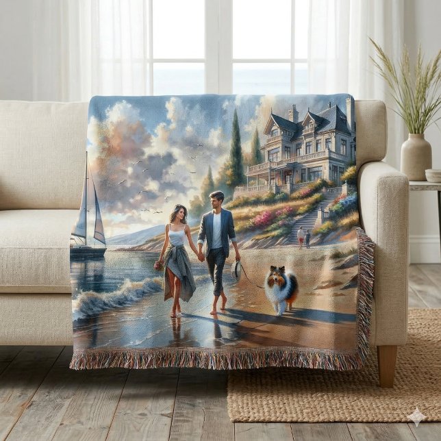 Romantic Coastal Cottage Sunset Stroll Throw Blanket (Romantic Coastal Cottage Sunset Stroll Throw Blanket Draped Over Sofa)