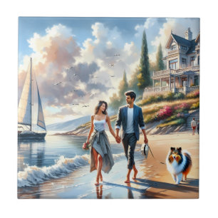 Romantic Coastal Cottage Sunset Stroll Tile