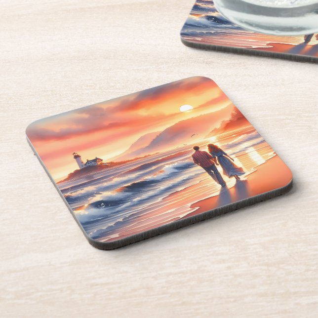 Romantic Coastal Sunset Lighthouse Walk Coaster (Left Side)