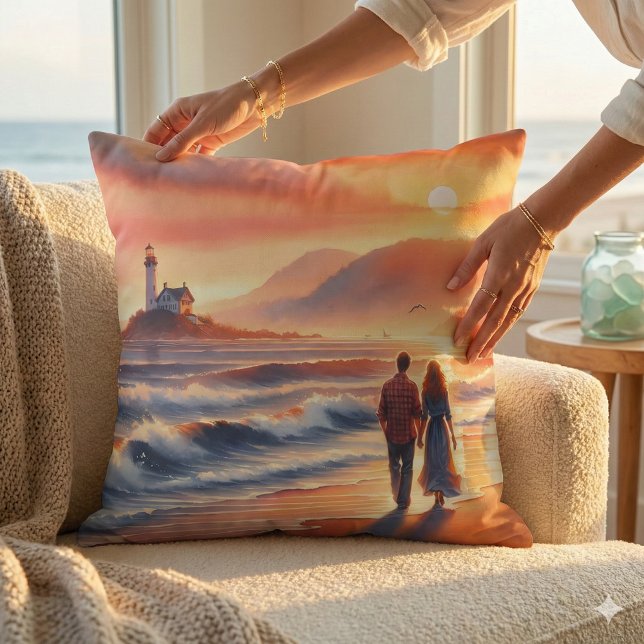 Romantic Coastal Sunset Lighthouse Walk Cushion (Romantic Coastal Sunset Lighthouse Walk Throw Pillow Mockup A)