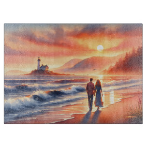 Romantic Coastal Sunset Lighthouse Walk Cutting Board