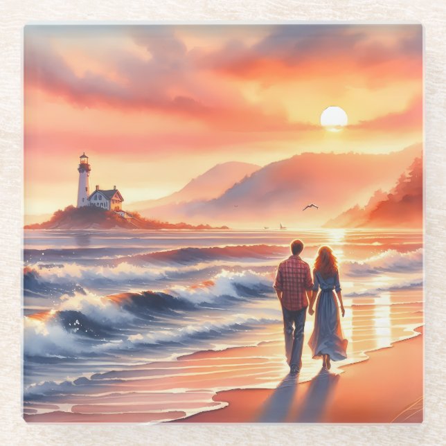 Romantic Coastal Sunset Lighthouse Walk Glass Coaster (Front)