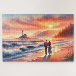 Romantic Coastal Sunset Lighthouse Walk Jigsaw Puzzle