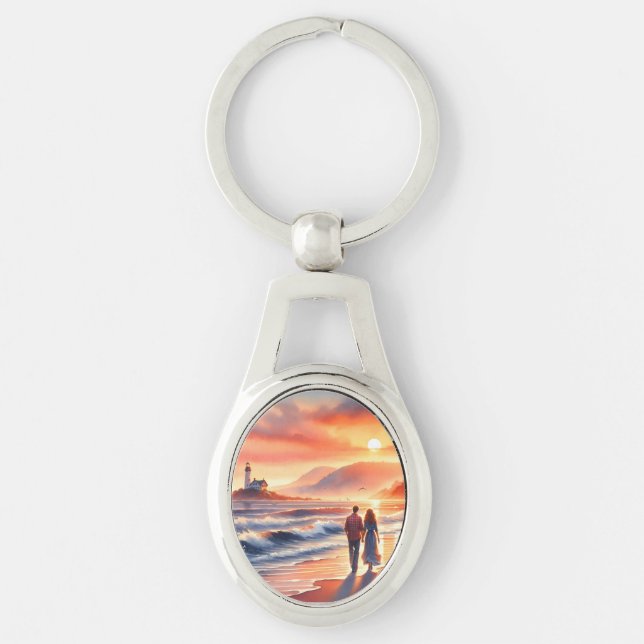 Romantic Coastal Sunset Lighthouse Walk Key Ring (Front)