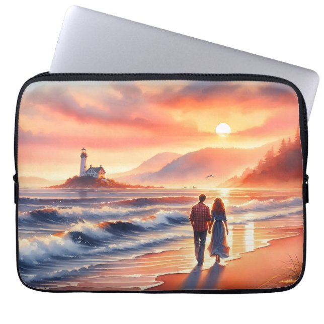 Romantic Coastal Sunset Lighthouse Walk Laptop Sleeve (Front)