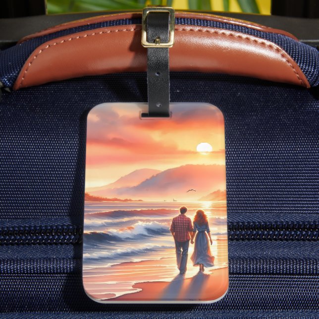 Romantic Coastal Sunset Lighthouse Walk Luggage Tag (Front Insitu 2)