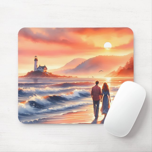 Romantic Coastal Sunset Lighthouse Walk Mouse Mat (With Mouse)
