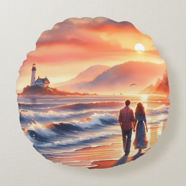 Romantic Coastal Sunset Lighthouse Walk Round Cushion (Front)