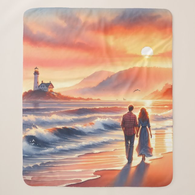 Romantic Coastal Sunset Lighthouse Walk Sherpa Blanket (Front)