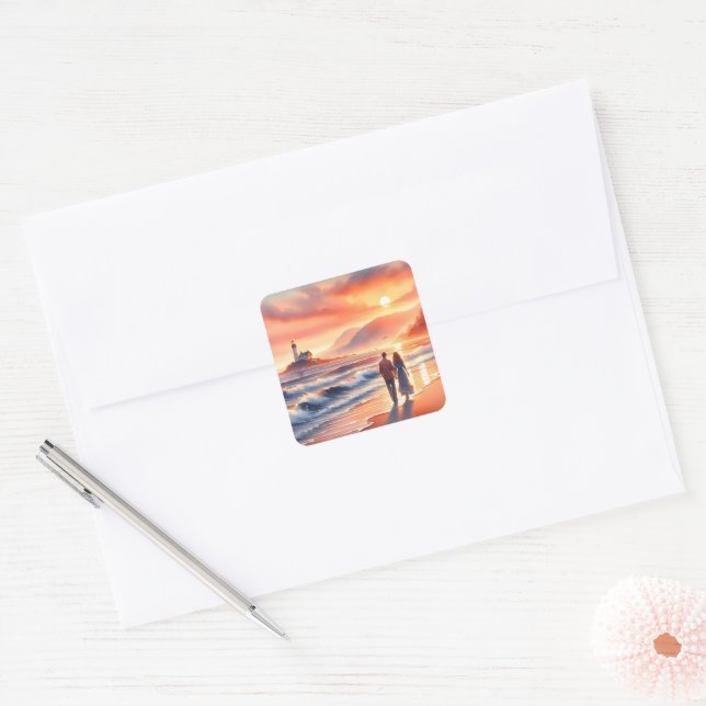 Romantic Coastal Sunset Lighthouse Walk Square Sticker (Envelope)