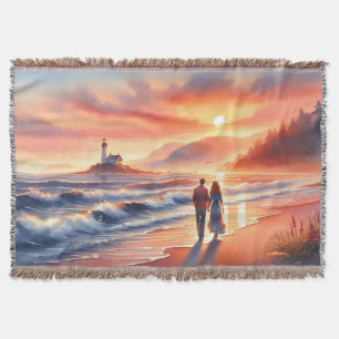 Romantic Coastal Sunset Lighthouse Walk Throw Blanket