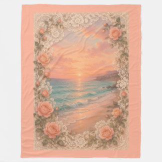 Romantic Coastal Sunset: Peach Roses & Vintage  Fleece Blanket