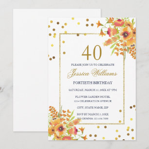 Romantic Confetti & Corner Bouquets 40th Birthday Invitation