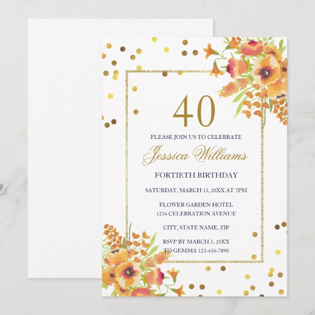 Romantic Confetti & Corner Bouquets 40th Birthday Invitation (Front/Back)