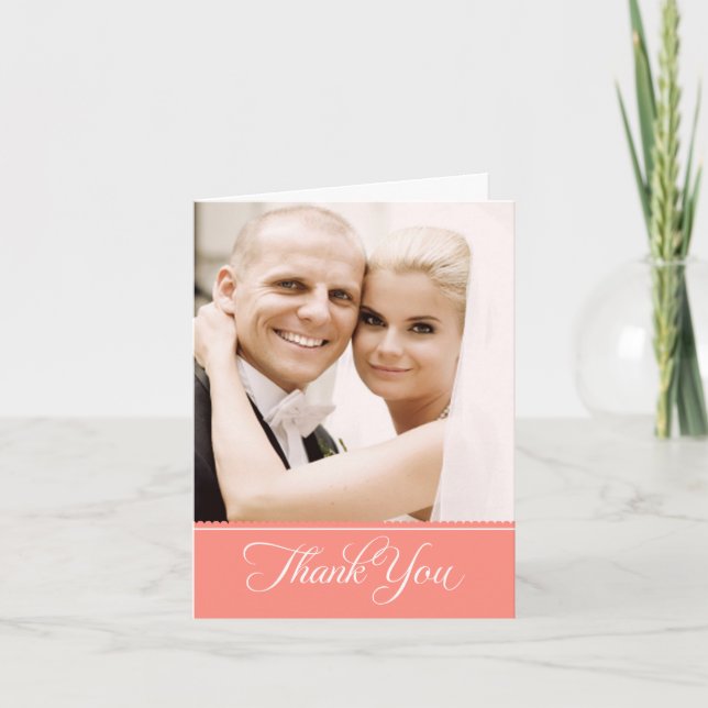 Romantic Coral Banner Photo Wedding Thank You Card (Front)