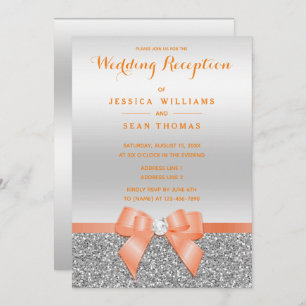 Romantic Coral Bow, Silver Glitter Reception Invitation