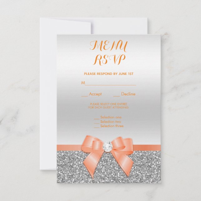 Romantic Coral Bow & Silver Glitter Rsvp (Front)