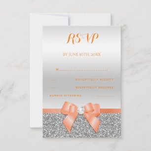 Romantic Coral Bow & Silver Glitter RSVP Card