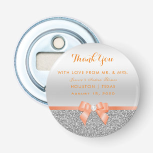 Romantic Coral Bow & Silver Glitter Wedding Bottle Opener