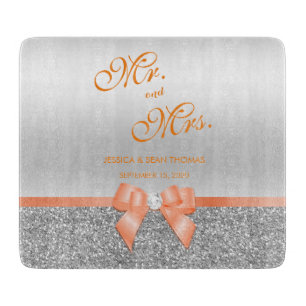 Romantic Coral Bow & Silver Glitter Wedding Cutting Board