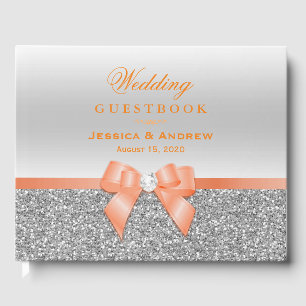 Romantic Coral Bow & Silver Glitter Wedding Guest Book