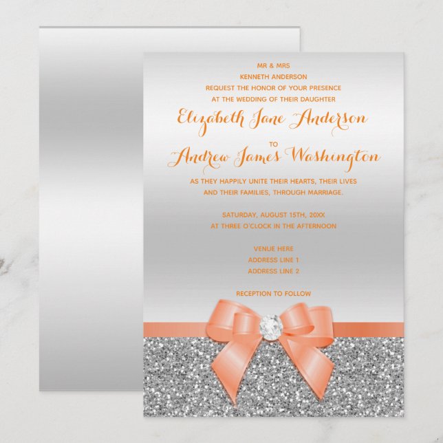 Romantic Coral Bow & Silver Glitter Wedding Invitation (Front/Back)