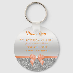 Romantic Coral Bow & Silver Glitter Wedding Key Ring