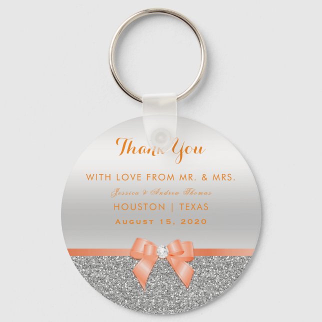 Romantic Coral Bow & Silver Glitter Wedding Key Ring (Front)