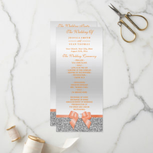 Romantic Coral Bow, Silver Glitter Wedding Program Programme