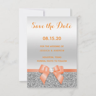 Romantic Coral Bow & Silver Glitter Wedding Save The Date