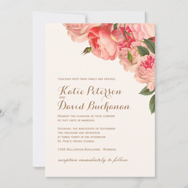 Romantic Coral Peonies on Gold Wedding Invitation (Front)