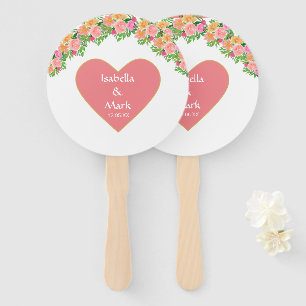 Romantic Coral Pink Heart & Pink Flowers Hand Fan