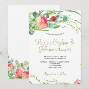 Romantic coral red blush roses wreath wedding invitation