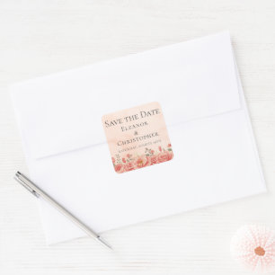 Romantic Coral Roses Peach Floral Save the Date Square Sticker