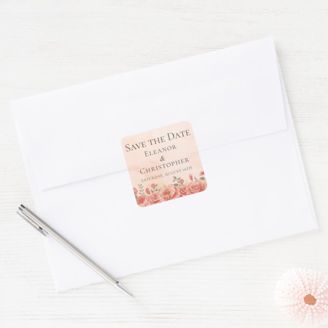 Romantic Coral Roses Peach Floral Save the Date Square Sticker (Envelope)